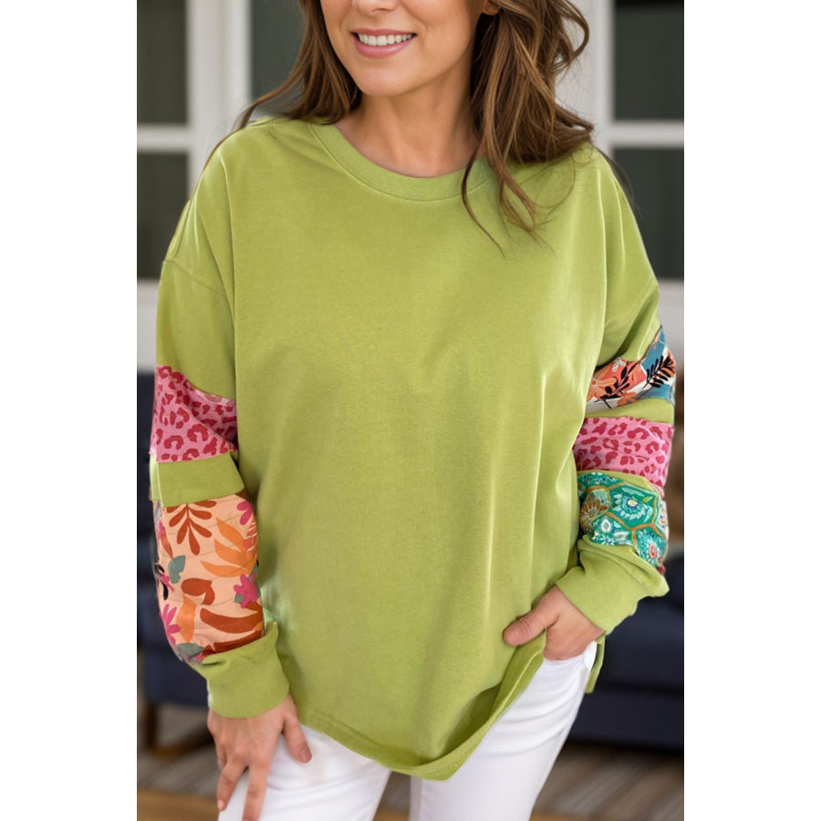 Plus Size Printed Round Neck Long Sleeve Sweatshirt Lime / 1XL Apparel and Accessories