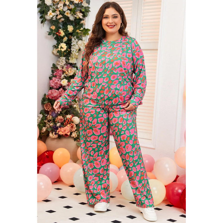 Plus Size Printed Round Neck Long Sleeve Top and Pants Set Apparel and Accessories