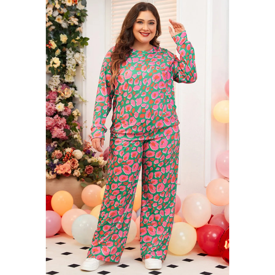 Plus Size Printed Round Neck Long Sleeve Top and Pants Set Apparel and Accessories