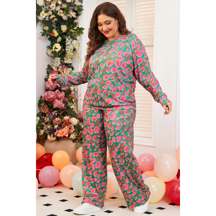 Plus Size Printed Round Neck Long Sleeve Top and Pants Set Apparel and Accessories