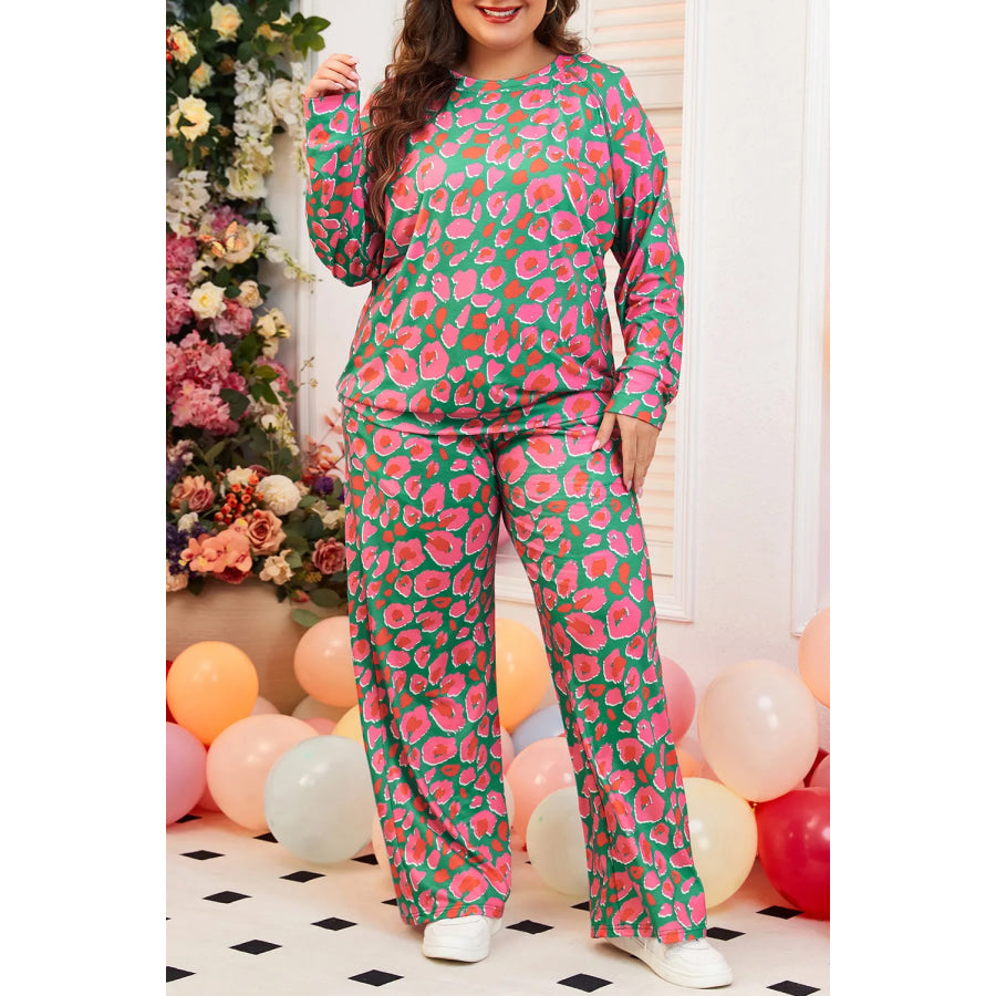 Plus Size Printed Round Neck Long Sleeve Top and Pants Set Deep Rose / 1XL Apparel and Accessories