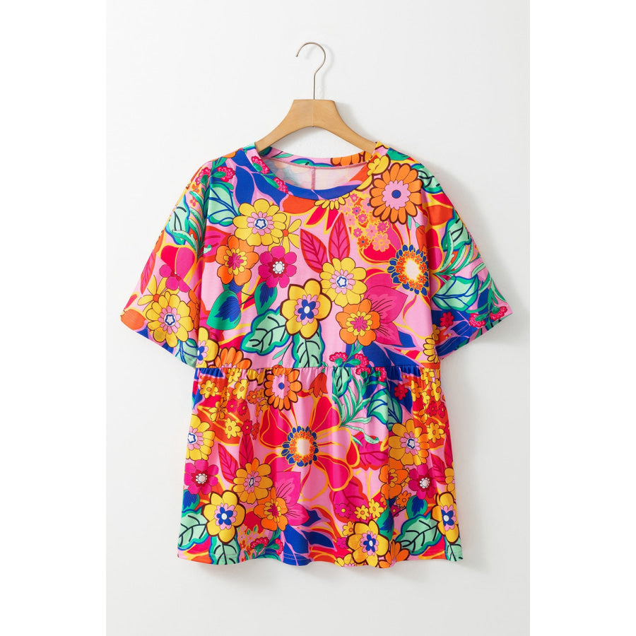 Plus Size Printed Round Neck Short Sleeve Top Apparel and Accessories