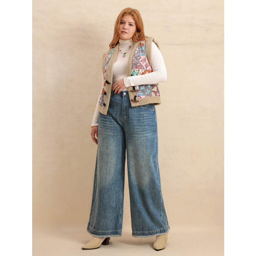 Plus Size Printed Sherpa Vest Coat Apparel and Accessories