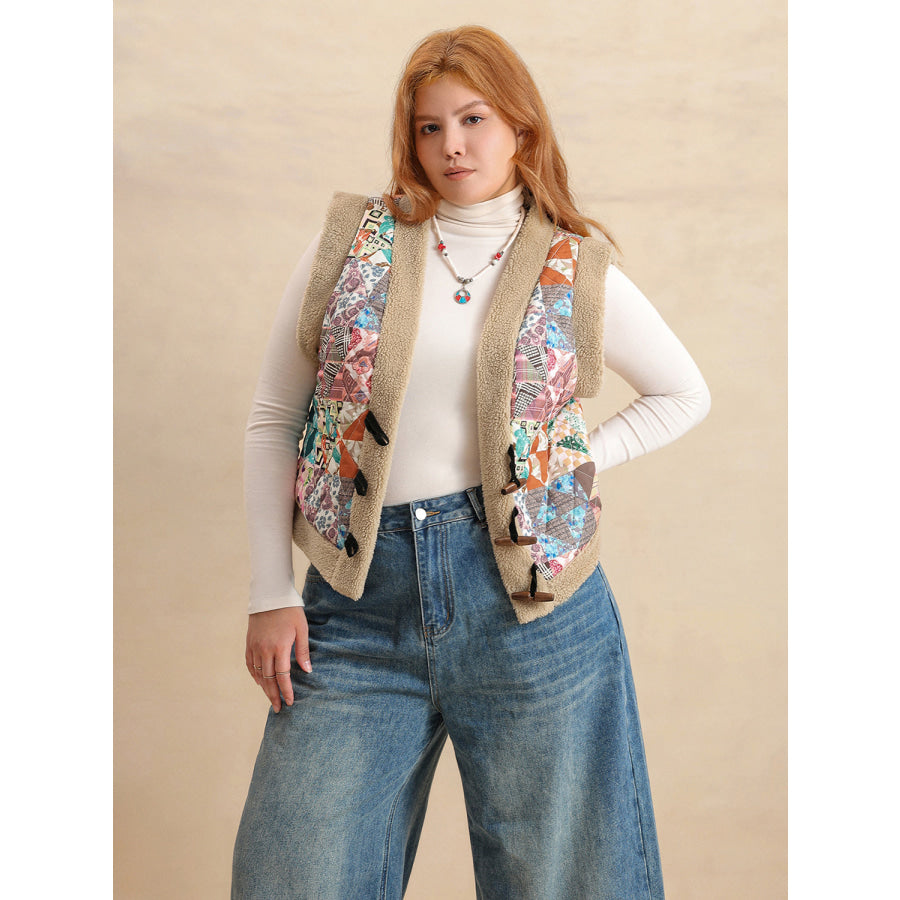 Plus Size Printed Sherpa Vest Coat Multicolor / 0XL Apparel and Accessories