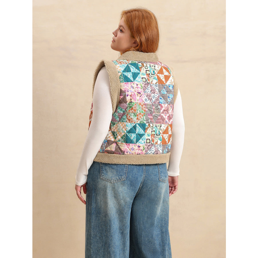 Plus Size Printed Sherpa Vest Coat Apparel and Accessories