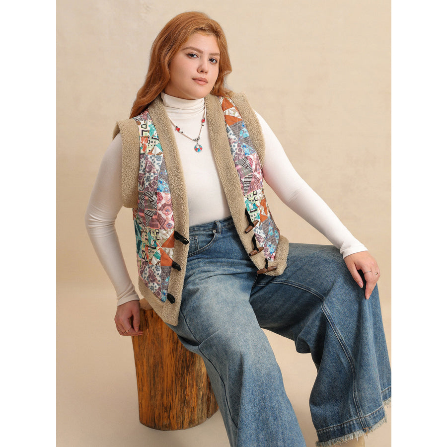 Plus Size Printed Sherpa Vest Coat Apparel and Accessories