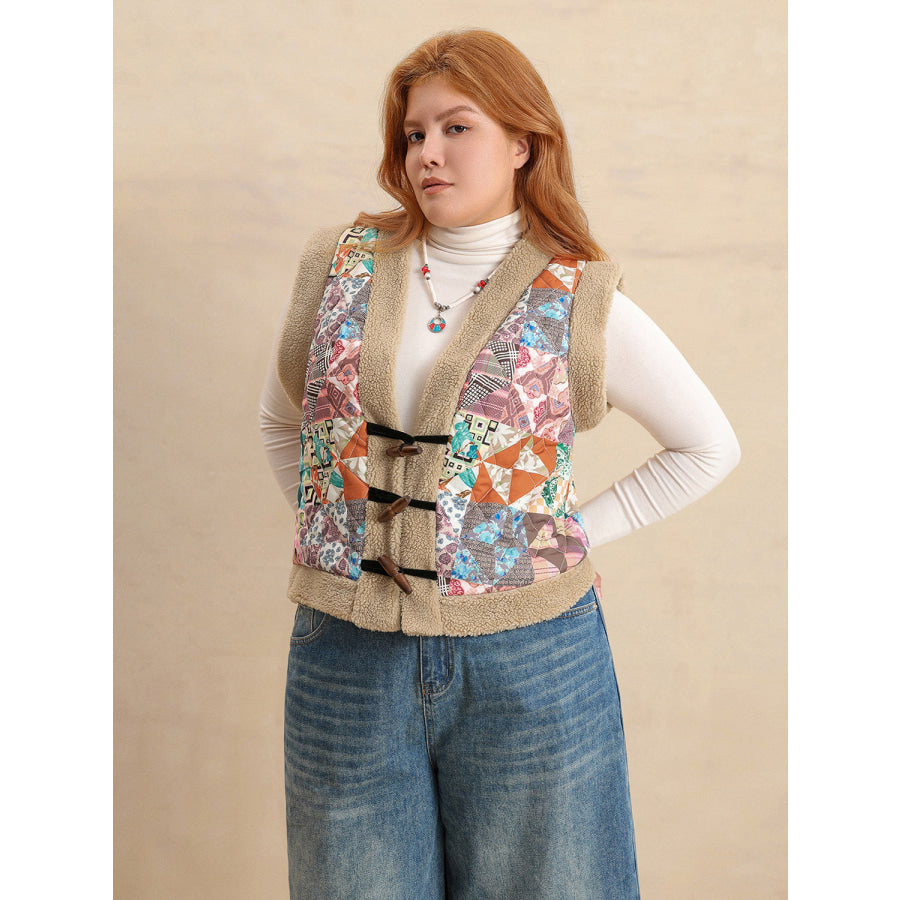 Plus Size Printed Sherpa Vest Coat Apparel and Accessories