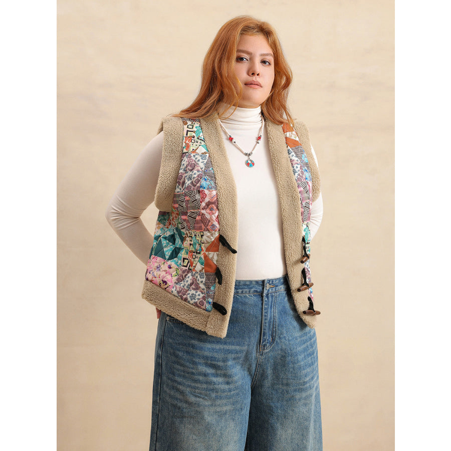 Plus Size Printed Sherpa Vest Coat Apparel and Accessories