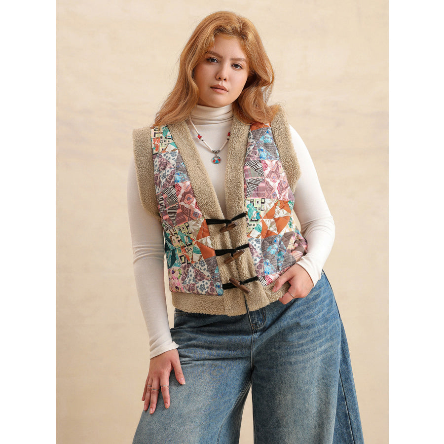 Plus Size Printed Sherpa Vest Coat Multicolor / 0XL Apparel and Accessories