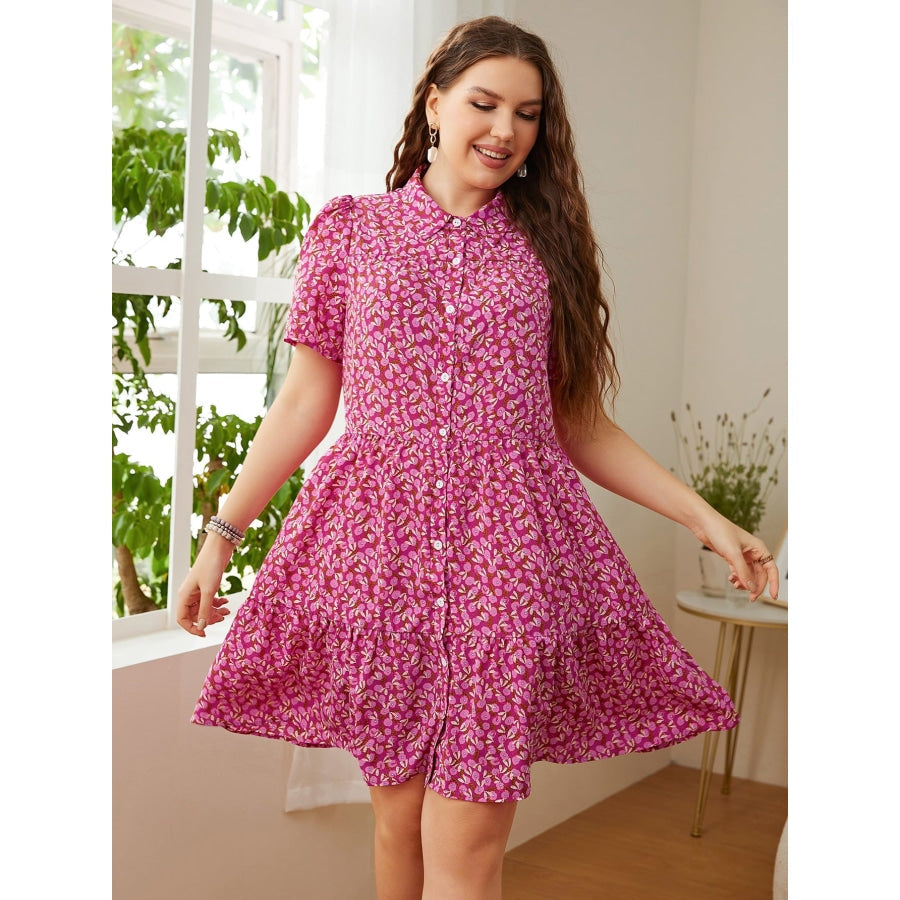 Plus Size Printed Short Sleeve Collared Dress Rouge Pink / 1XL