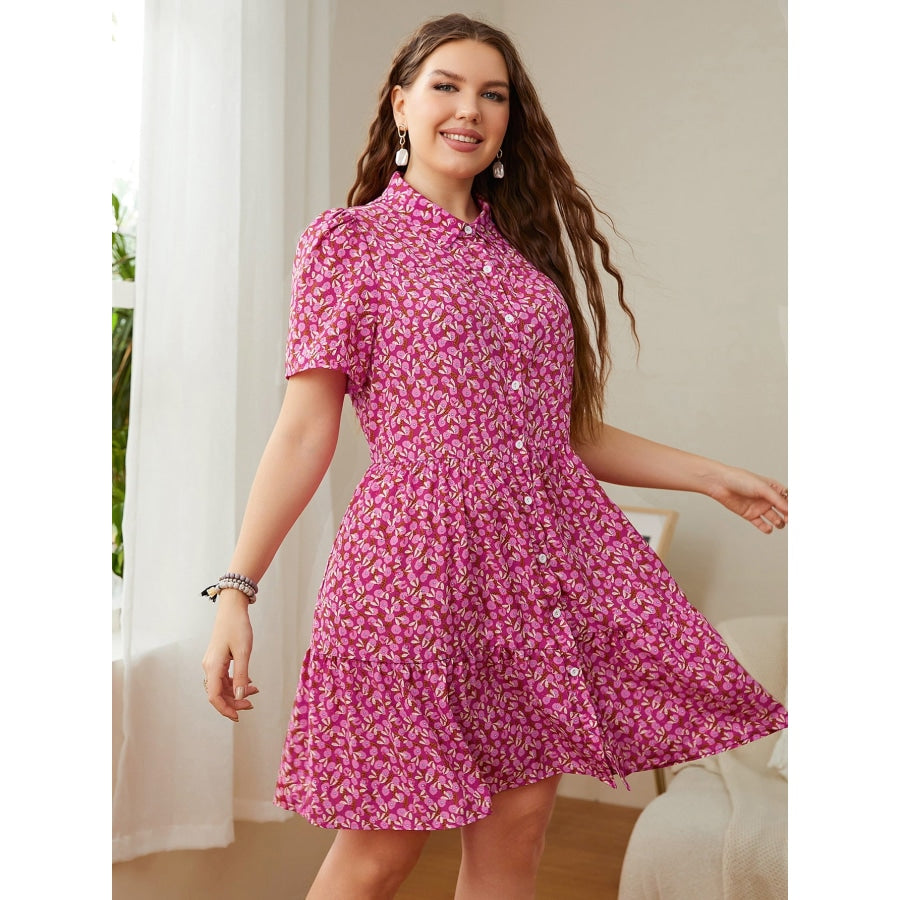 Plus Size Printed Short Sleeve Collared Dress