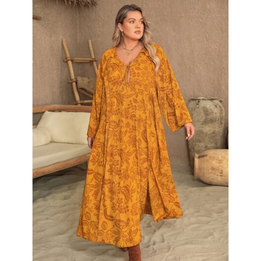 Plus Size Printed Slit Long Sleeve Dress Clothing