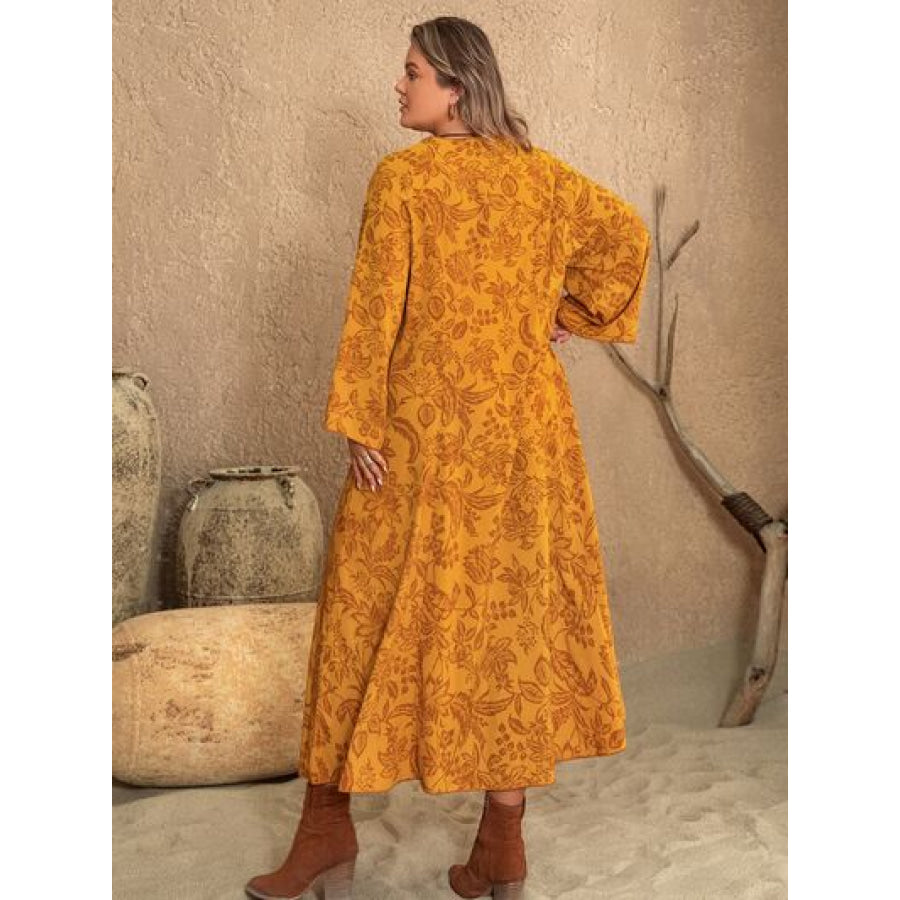 Plus Size Printed Slit Long Sleeve Dress Tangerine / 0XL Clothing