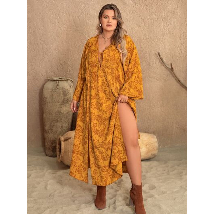 Plus Size Printed Slit Long Sleeve Dress Clothing