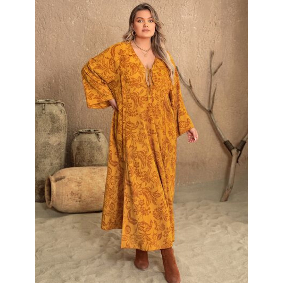 Plus Size Printed Slit Long Sleeve Dress Tangerine / 0XL Clothing