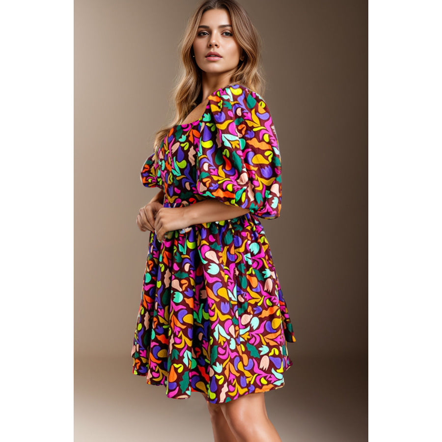 Plus Size Printed Square Neck Half Sleeve Dress Apparel and Accessories