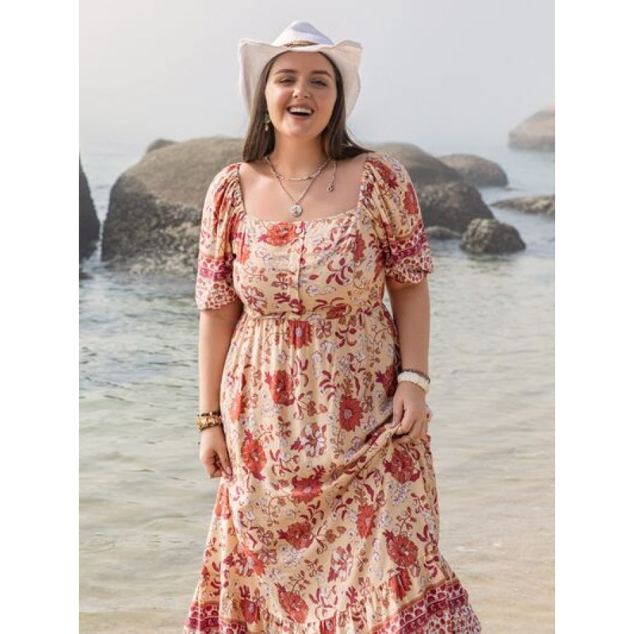 Plus Size Printed Square Neck Ruffle Hem Dress Clothing