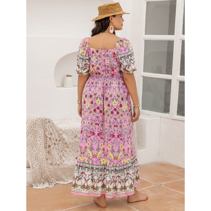 Plus Size Printed Square Neck Ruffle Hem Dress Clothing