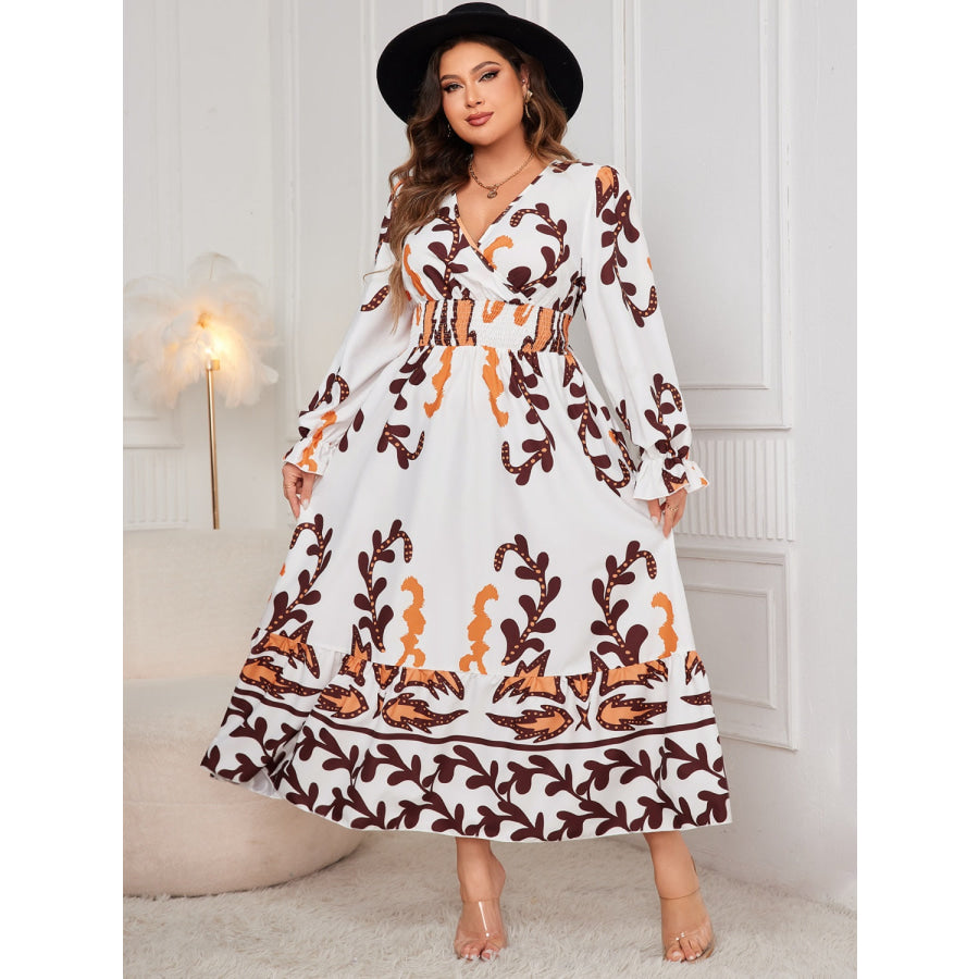 Plus Size Printed Surplice Flounce Sleeve Dress Apparel and Accessories