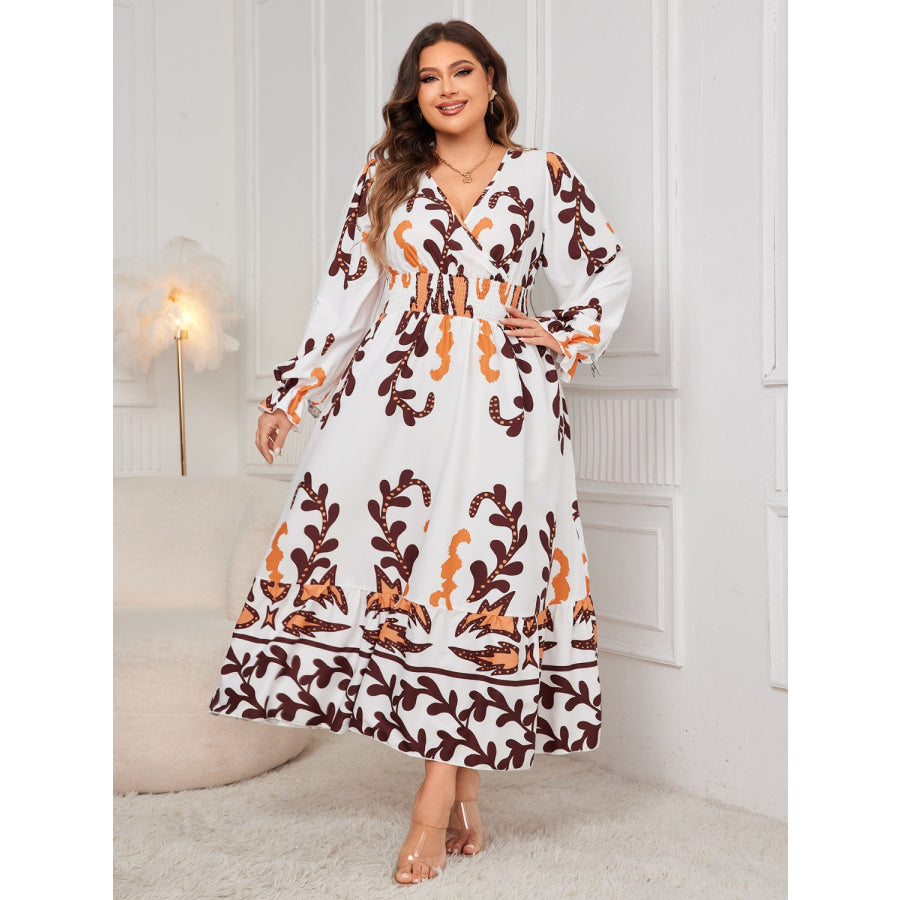 Plus Size Printed Surplice Flounce Sleeve Dress Apparel and Accessories