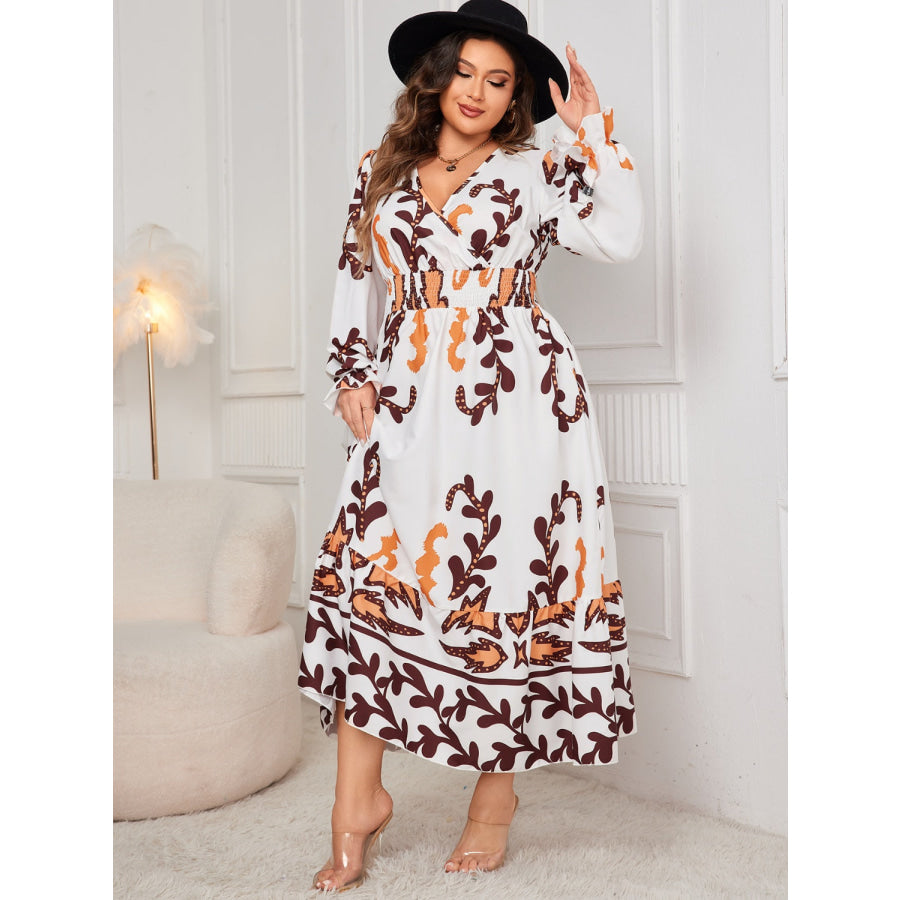 Plus Size Printed Surplice Flounce Sleeve Dress Apparel and Accessories