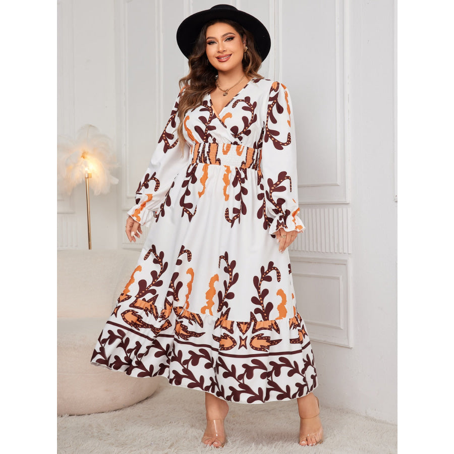 Plus Size Printed Surplice Flounce Sleeve Dress Apparel and Accessories