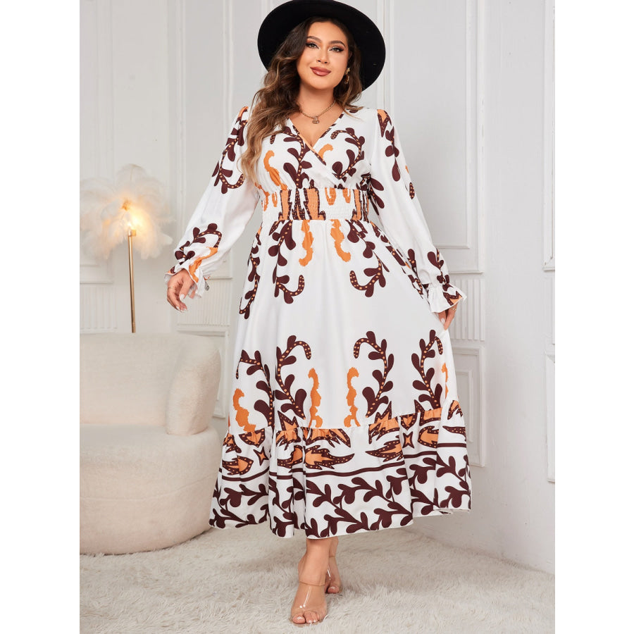 Plus Size Printed Surplice Flounce Sleeve Dress White / 1XL Apparel and Accessories