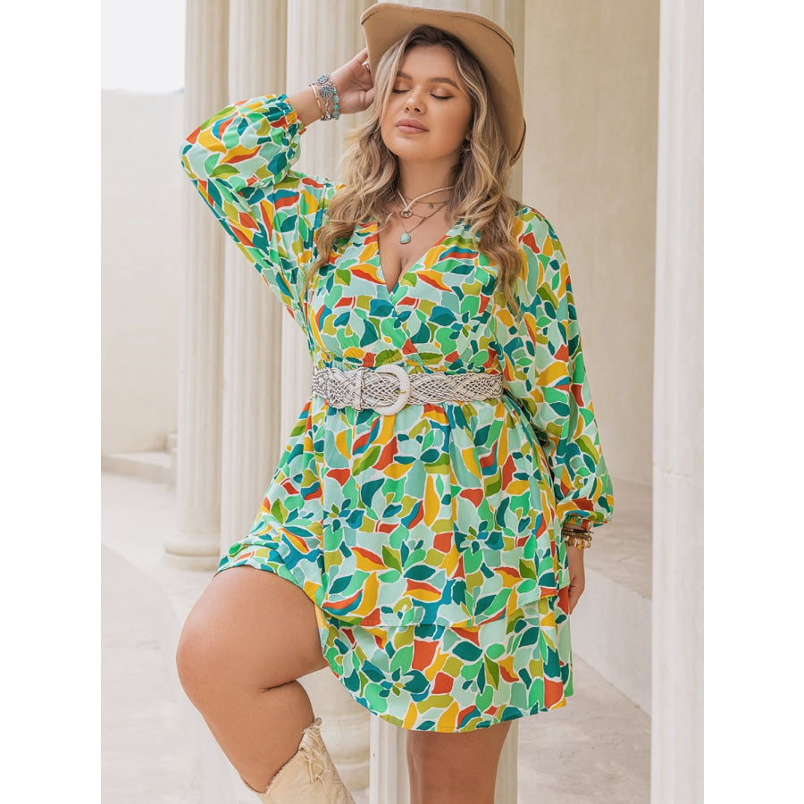 Plus Size Printed Surplice Long Sleeve Mini Dress Apparel and Accessories