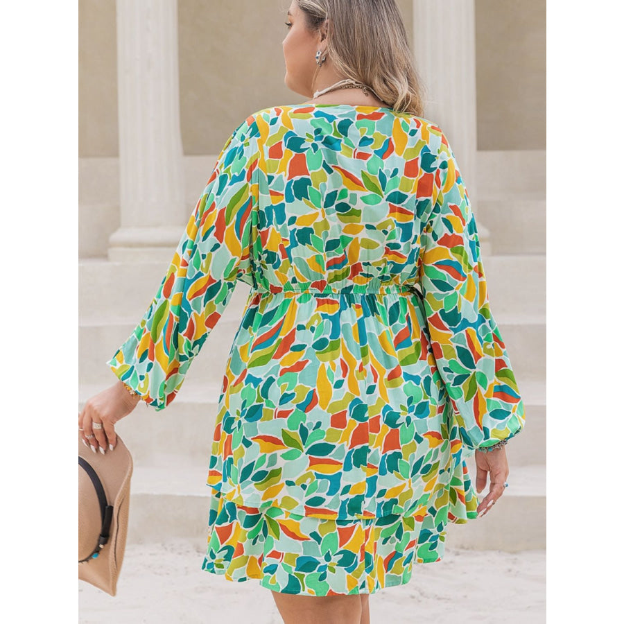 Plus Size Printed Surplice Long Sleeve Mini Dress Apparel and Accessories