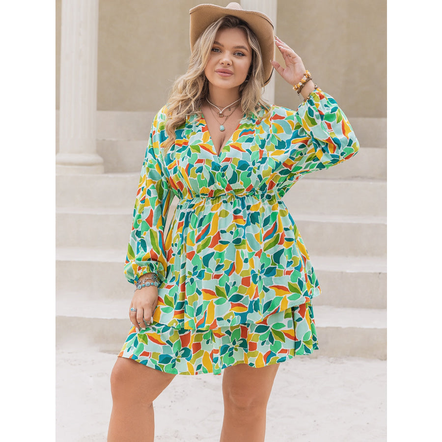 Plus Size Printed Surplice Long Sleeve Mini Dress Apparel and Accessories