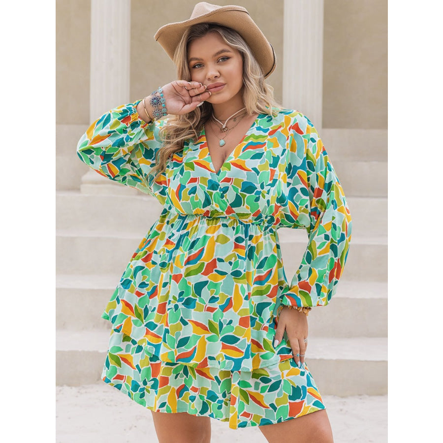 Plus Size Printed Surplice Long Sleeve Mini Dress Apparel and Accessories