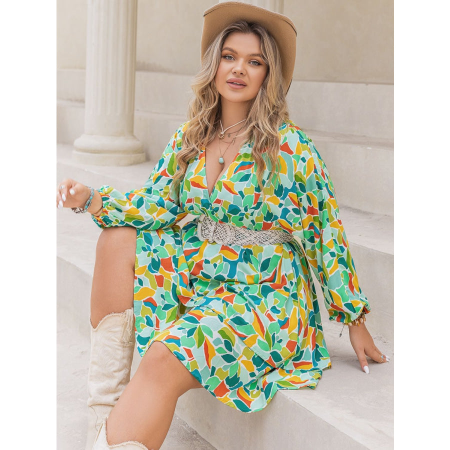 Plus Size Printed Surplice Long Sleeve Mini Dress Apparel and Accessories