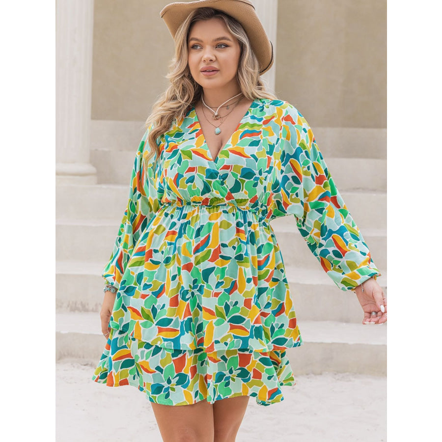 Plus Size Printed Surplice Long Sleeve Mini Dress Green / 1XL Apparel and Accessories