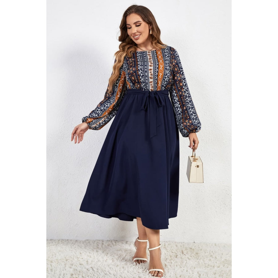 Plus Size Printed Tie Belt Boat Neck Midi Dress Navy / 1XL