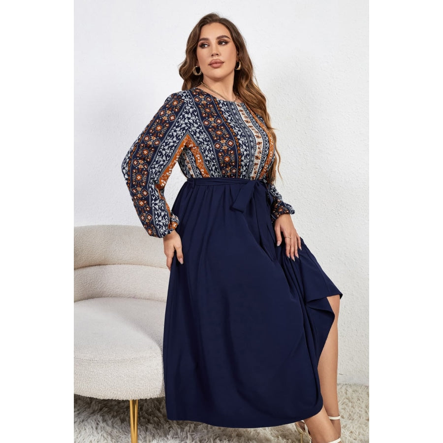 Plus Size Printed Tie Belt Boat Neck Midi Dress