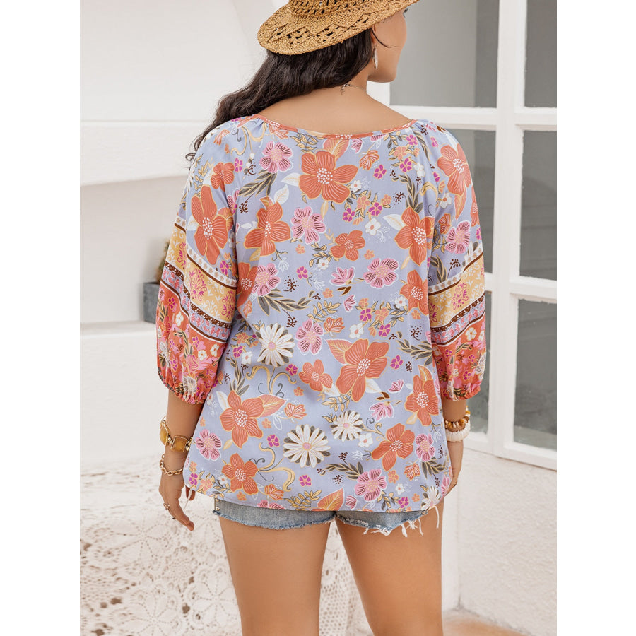 Plus Size Printed Tie Neck Balloon Sleeve Blouse Multicolor / 0XL Apparel and Accessories