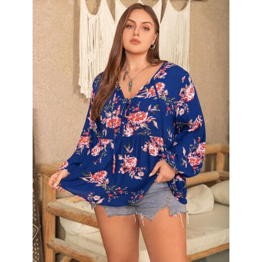 Plus Size Printed Tie Neck Balloon Sleeve Blouse Clothing