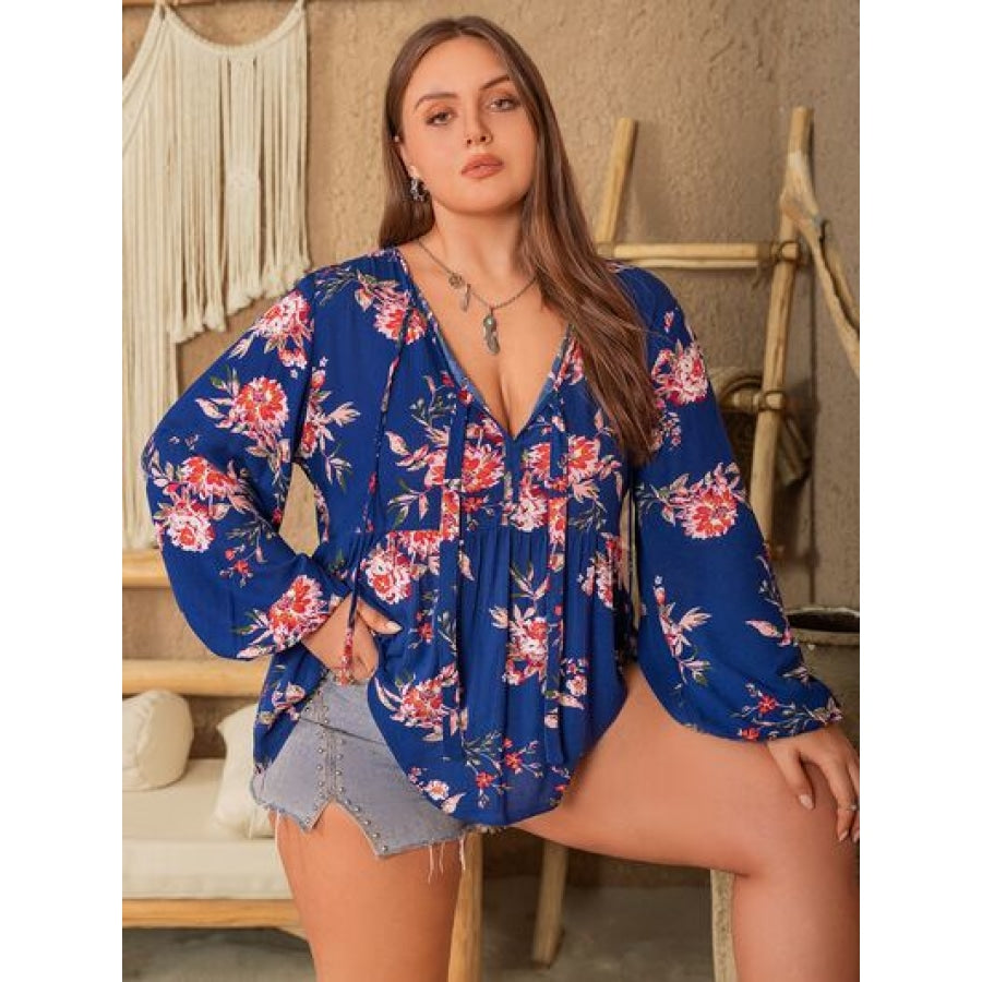 Plus Size Printed Tie Neck Balloon Sleeve Blouse Clothing