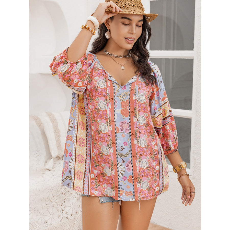 Plus Size Printed Tie Neck Balloon Sleeve Blouse Multicolor / 0XL Apparel and Accessories