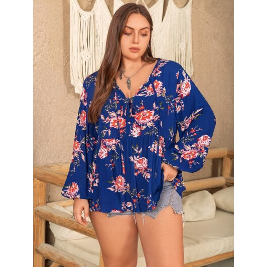 Plus Size Printed Tie Neck Balloon Sleeve Blouse Navy / 0XL Clothing