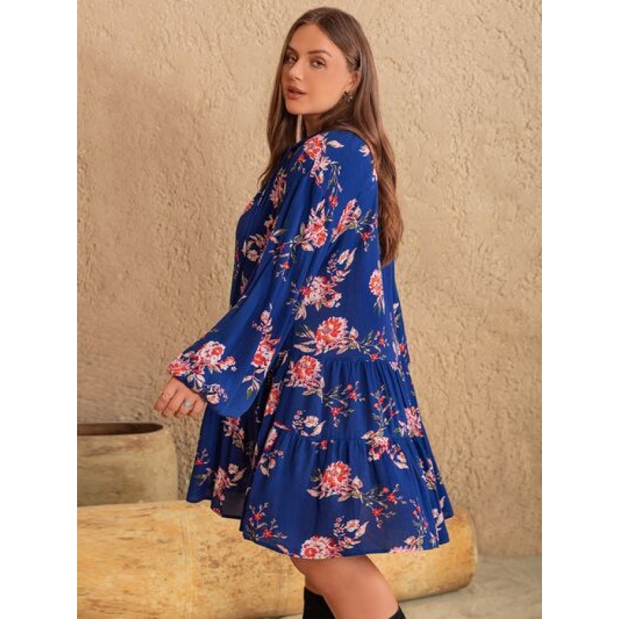 Plus Size Printed Tie Neck Balloon Sleeve Mini Dress Clothing