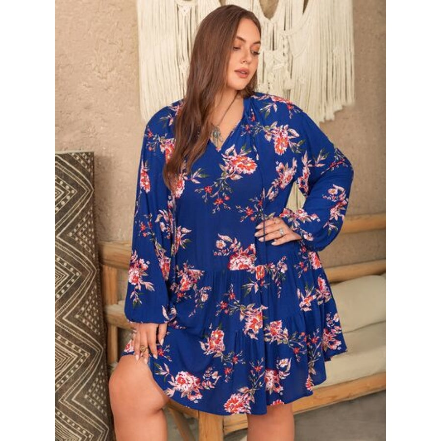 Plus Size Printed Tie Neck Balloon Sleeve Mini Dress Clothing