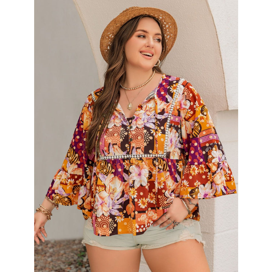 Plus Size Printed Tie Neck Blouse Apparel and Accessories