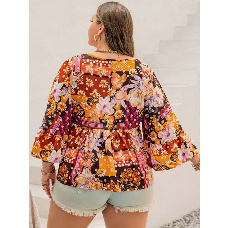 Plus Size Printed Tie Neck Blouse Apparel and Accessories