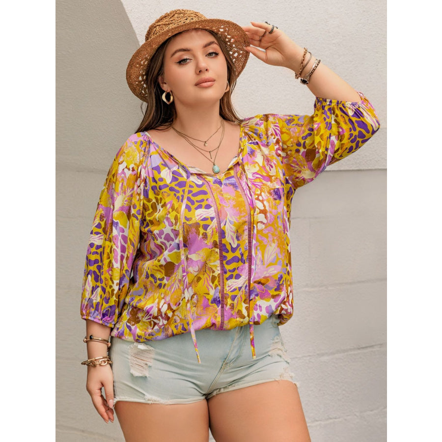 Plus Size Printed Tie Neck Blouse Apparel and Accessories