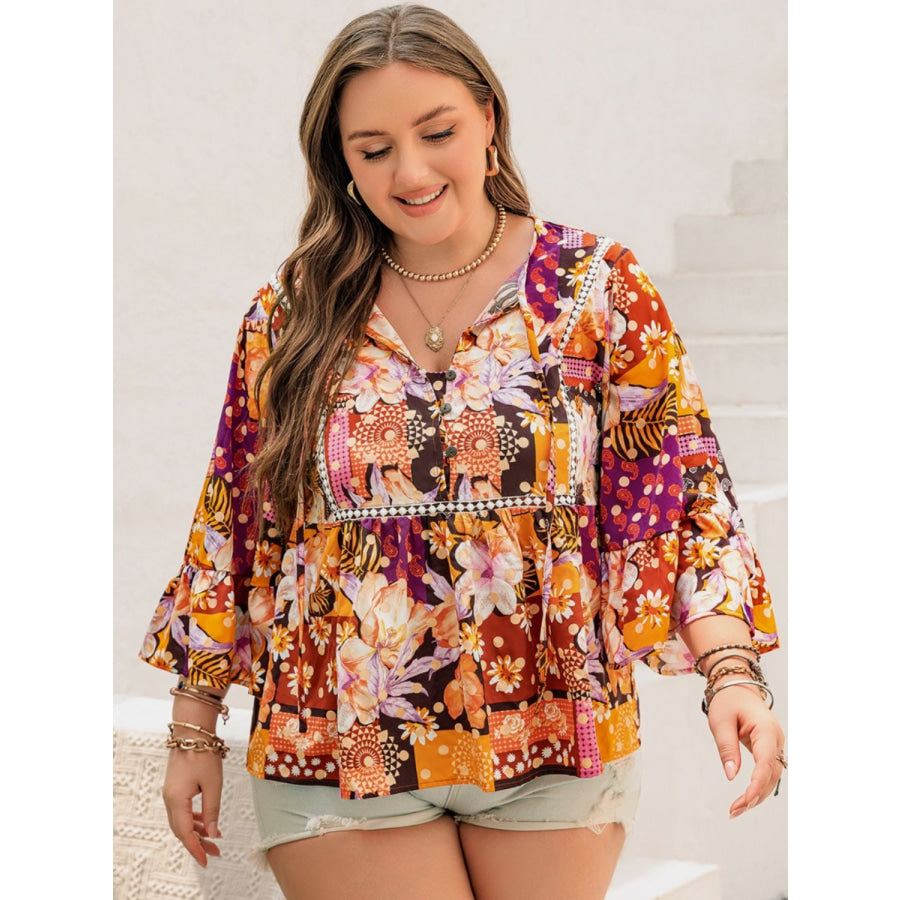 Plus Size Printed Tie Neck Blouse Apparel and Accessories