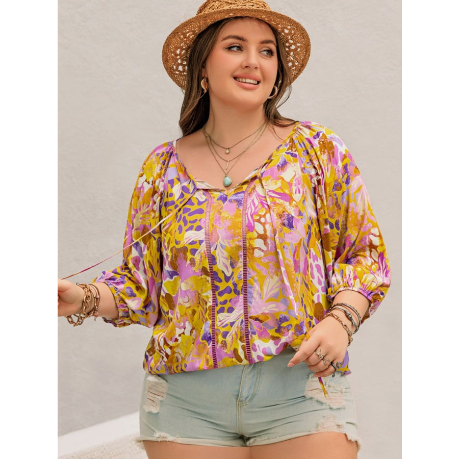 Plus Size Printed Tie Neck Blouse Apparel and Accessories