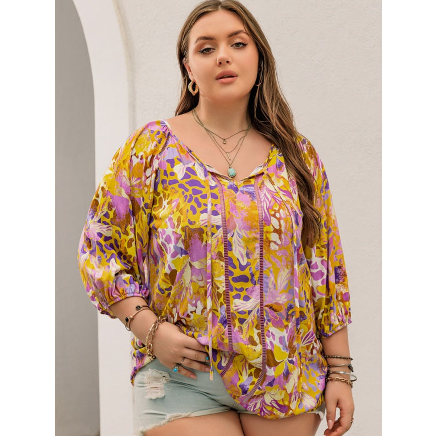 Plus Size Printed Tie Neck Blouse Apparel and Accessories