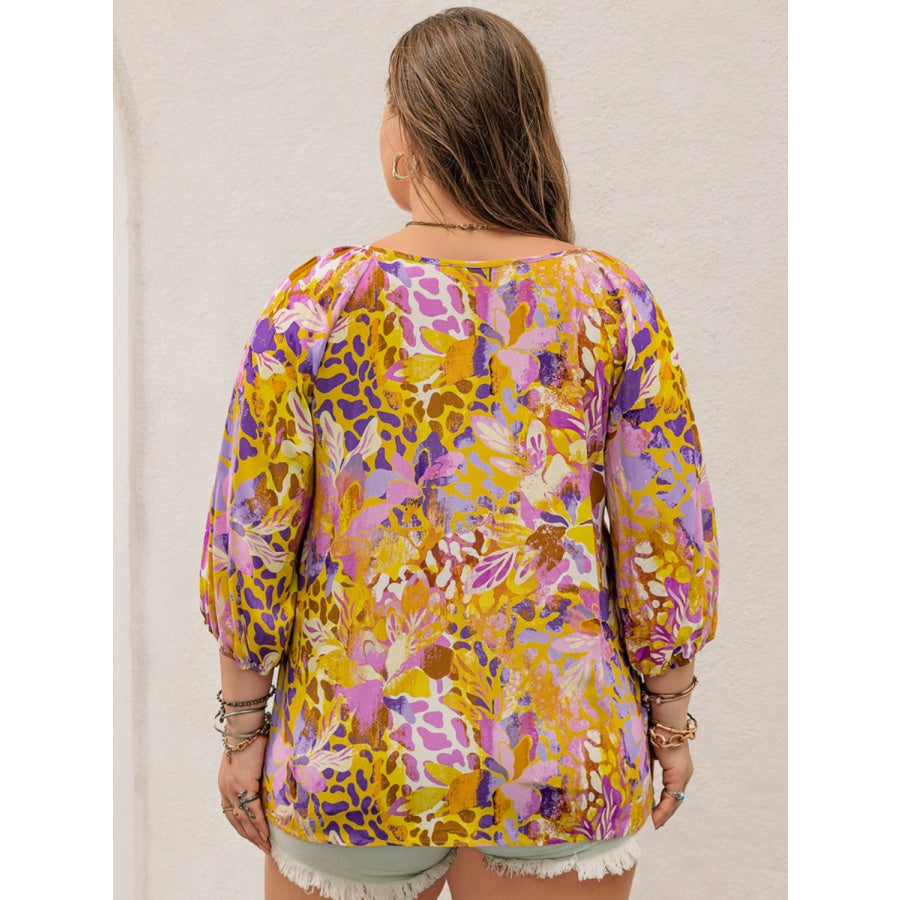 Plus Size Printed Tie Neck Blouse Apparel and Accessories