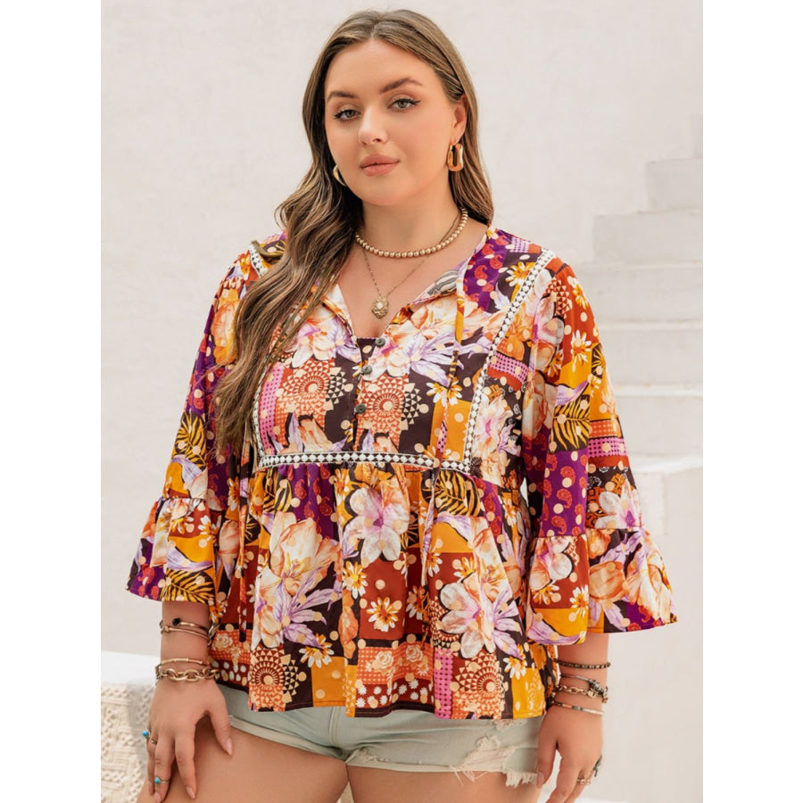 Plus Size Printed Tie Neck Blouse Apparel and Accessories